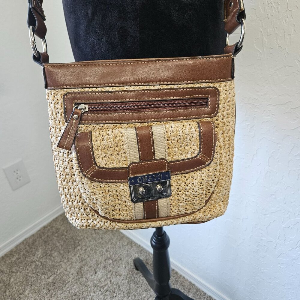 Chaps Straw & Faux Leather Crossbody Bag satchel purse Boho Cottage core Hippie - Picture 5 of 16